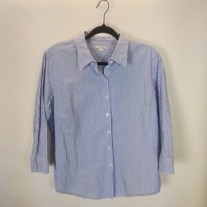 L.L. Bean 3/4 Sleeve Button Up Women's Large Blue White Stripe Cotton Seersucker